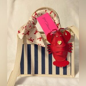 Betsey Johnson Navy Stripe Small Tote with Red Lobster Charm